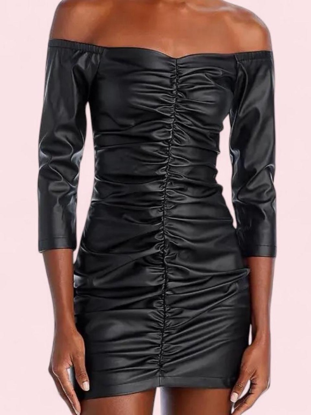 Lucy Paris Black Off-Shoulder Ruched Faux Leather Mini Dress